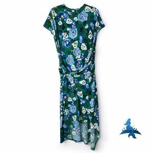 1273 Donna Morgan Floral Ruched Midi Dress – Approx Size 16 – Green Blue